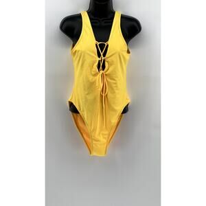 SHEKINI Women's Yellow Solid Lace-Up One-Piece Swimsuit SZ XL